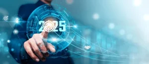 Infographic showing AI trends, green tech, space exploration, and global innovations featured in 2025 tech news.