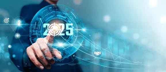 Infographic showing AI trends, green tech, space exploration, and global innovations featured in 2025 tech news.