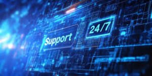 24/7 tech support digital interface glowing in blue, symbolizing constant assistance by tech support agents.