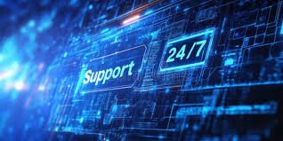 24/7 tech support digital interface glowing in blue, symbolizing constant assistance by tech support agents.